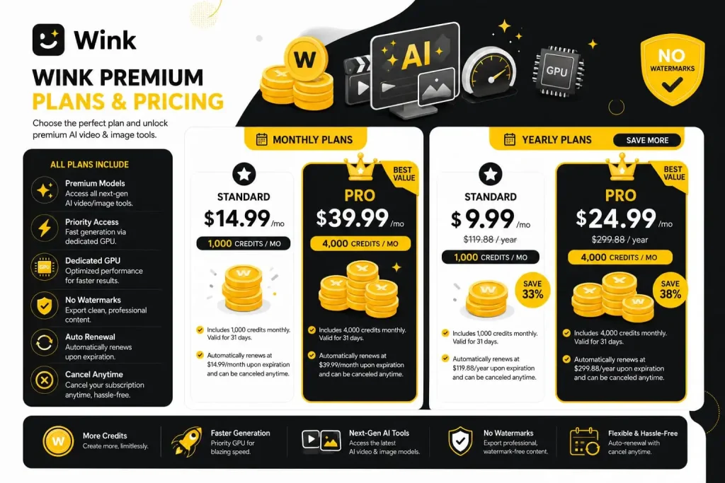 Wink Premium Subscription Cost illustration standard vs pro plan